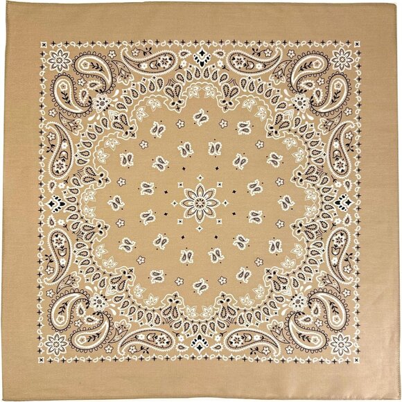 Women's Tan Cotton Bandana Large Cowgirl Imported Handkerchief Headband Scarf - Picture 6 of 7